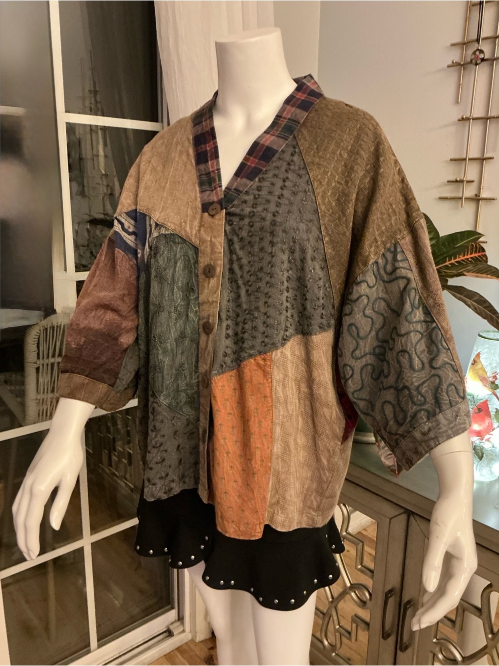 Vintage Boho Sacred Threads Patchwork V-Neck Button Front Jacket Indie-Hippie SM